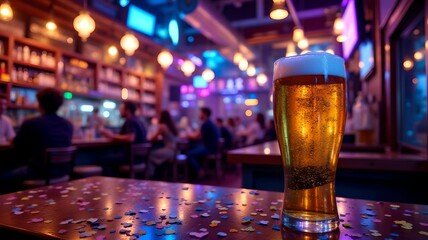 Refreshing golden beer with foam atop, surrounded by festive confetti at a lively bar during an eventful night