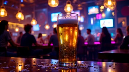 Refreshing golden beer with foam atop, surrounded by festive confetti at a lively bar during an eventful night