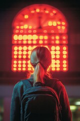 Obraz premium Woman facing bright red glowing window backpack and light