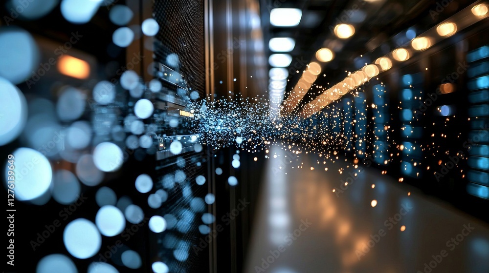Poster a data center corridor is shown, filled with rows of rack servers and supercomputers, featuring a hi