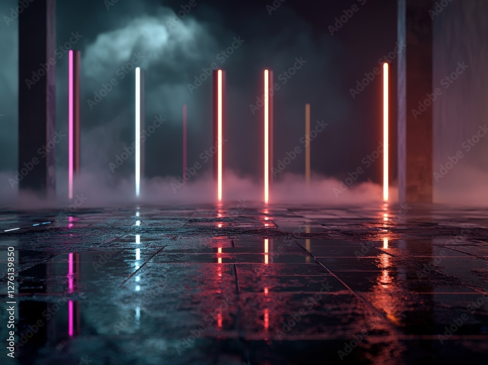 Poster a 3d rendering of an ultraviolet neon square portal with glowing lines, set within a tunnel or corri