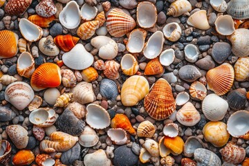 Colorful seashells on pebble beach at sunset. AI image