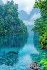 Serene turquoise lake surrounded by lush green mountains and misty atmosphere at dawn
