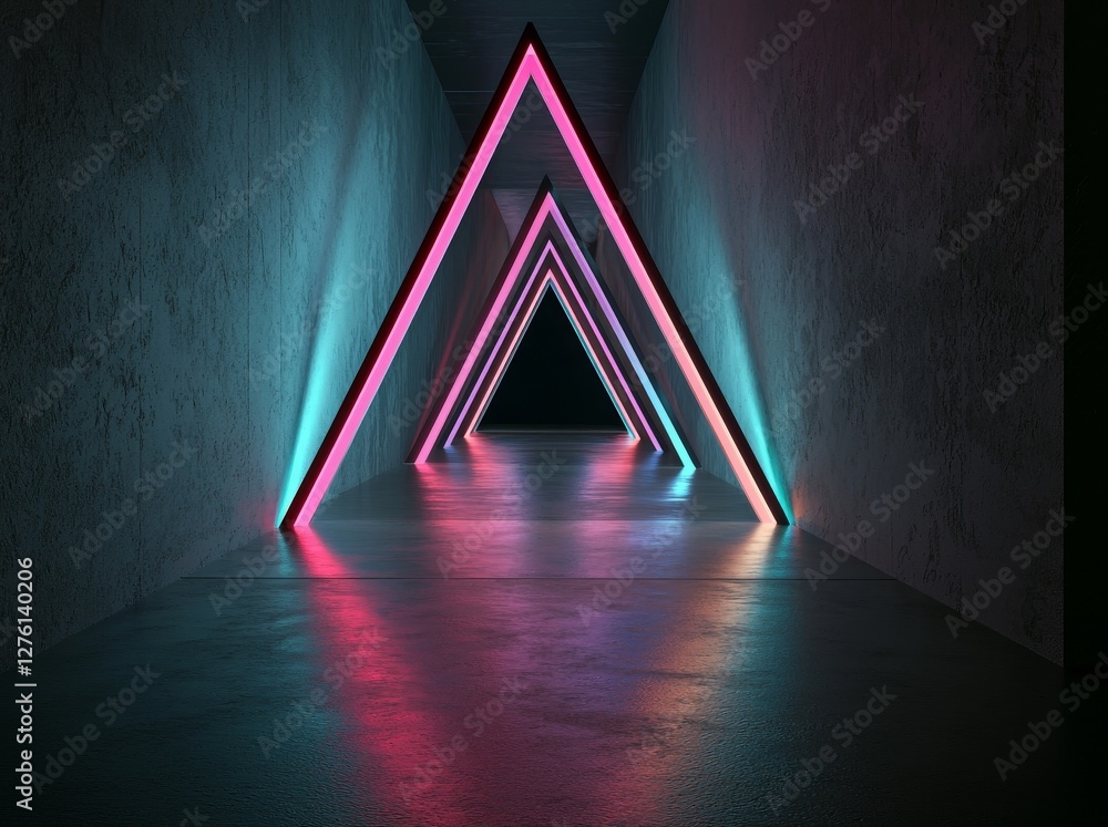 Poster the image features a 3d render of a triangular portal with ultraviolet neon accents, glowing lines, 