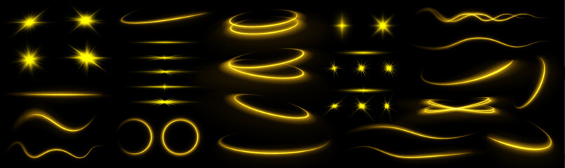A set of various yellow flashes of light, as well as stars, bright dust and rays of light. Flying star effect.	