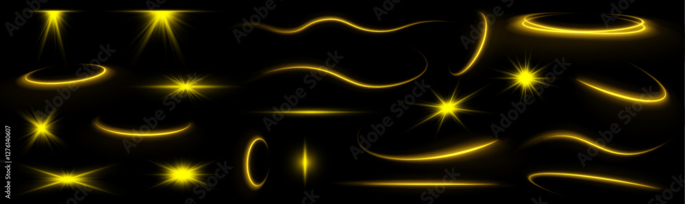 Poster shine magic gold swirl with flare sparkles. rotating shining rings. flare with golden rays of light 