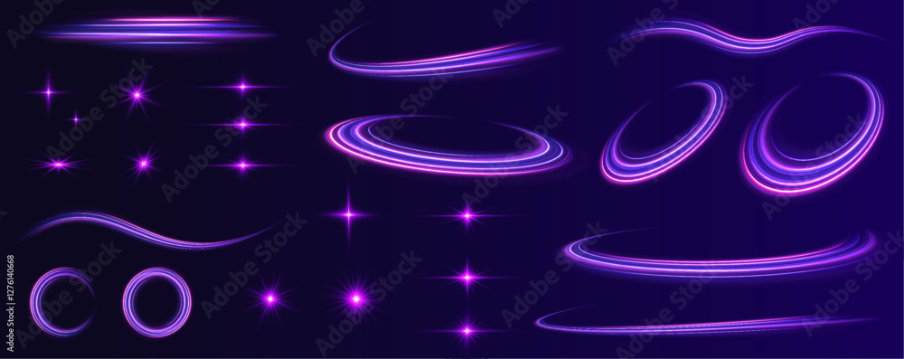 Poster set of bright yellow light effects: stars, sun, flash, scroll lines for christmas holidays. lines in