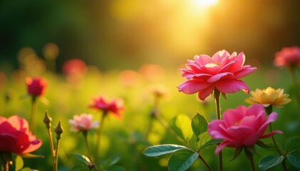 Golden sunlight bathes vibrant wild roses in a lush meadow , blooming, dawn