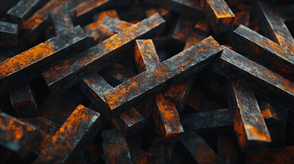 A pile of rusted iron bars, aged and corroded