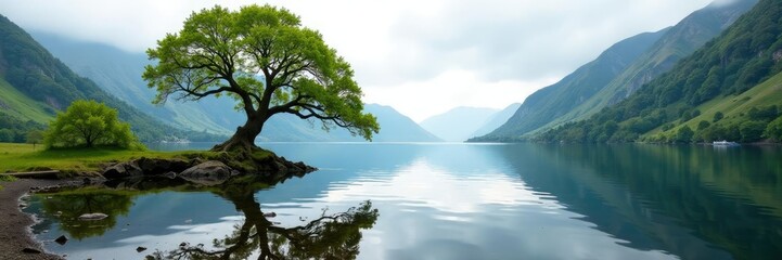 Obraz premium ancient tree reflected in the surface of loch ness, boats, water, Scotland