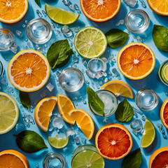 Different clear water ice cubes on a blue background flat lay top view from above.