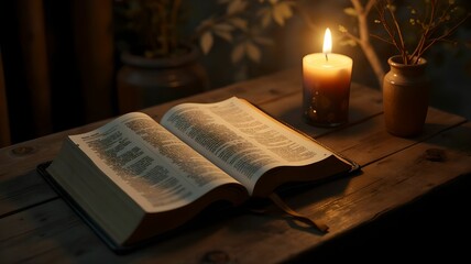 Soft candlelight illuminates an open book