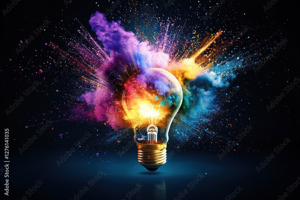Poster bright idea exploding with colorful powder and light