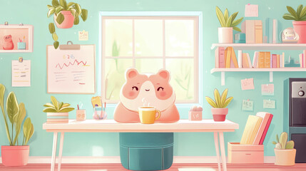 Cute Study Space: Hamster Relaxing with Tea, Surrounded by Plants and Books for a Cozy, Focused Environment
