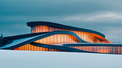 Obraz premium Contemporary architecture in winter landscape with warm light