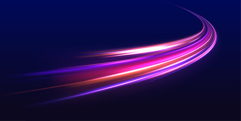 Technology background with motion neon light effect. Abstract neon light trails in a futuristic high-speed motion design. Vector glitter light fire flare trace.	