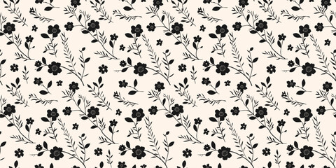 Vector floral seamless pattern. Elegant ditsy background with small wild meadow flowers, leaves, branches. Black and white pretty floral ornament texture. Abstract cute organic repeating design