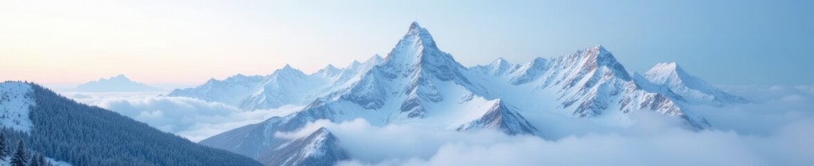 Fototapeta premium A snow-covered mountain range stretches towards the sky, its peaks and slopes shrouded in mist, mountain range, winter landscape, serenity