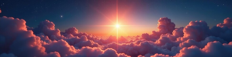 A sparkling star amidst a sea of thin wispy clouds, light, illuminate