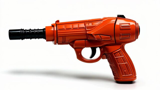 Bright orange toy blaster with futuristic design on white background