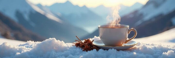 Fototapeta premium A steaming cup of tea on a snowy mountain landscape, cardamom, spiced tea, peaceful
