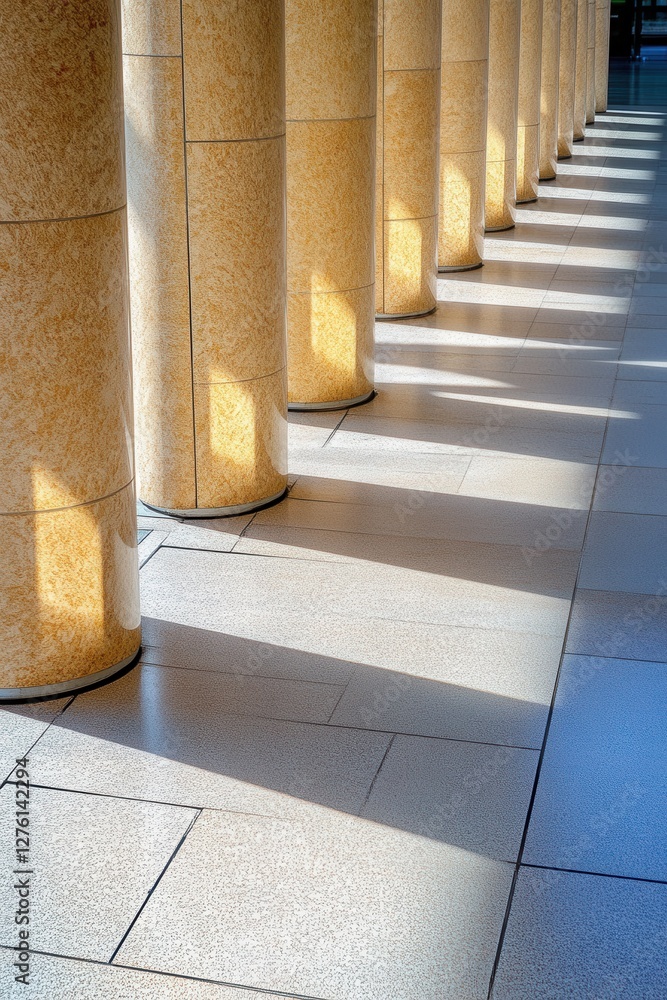 Poster sunlight illuminates a row of light beige speckled cylindrical columns casting long shadows on a lig