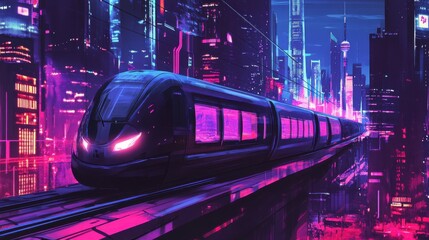 Fototapeta premium Futuristic Train on Elevated Tracks in Neon Cityscape at Night