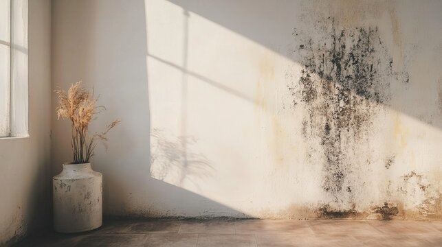 Minimalist living room interior with mold on walls and decorative vases on stool, causing household allergy issues