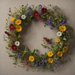 "A floral wreath made of handpicked wildflowers arranged on a linen fabric."