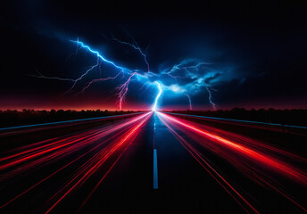 Obraz premium Night road scene with vibrant red light streaks lead to a stormy sky with blue lightning illuminating the horizon.