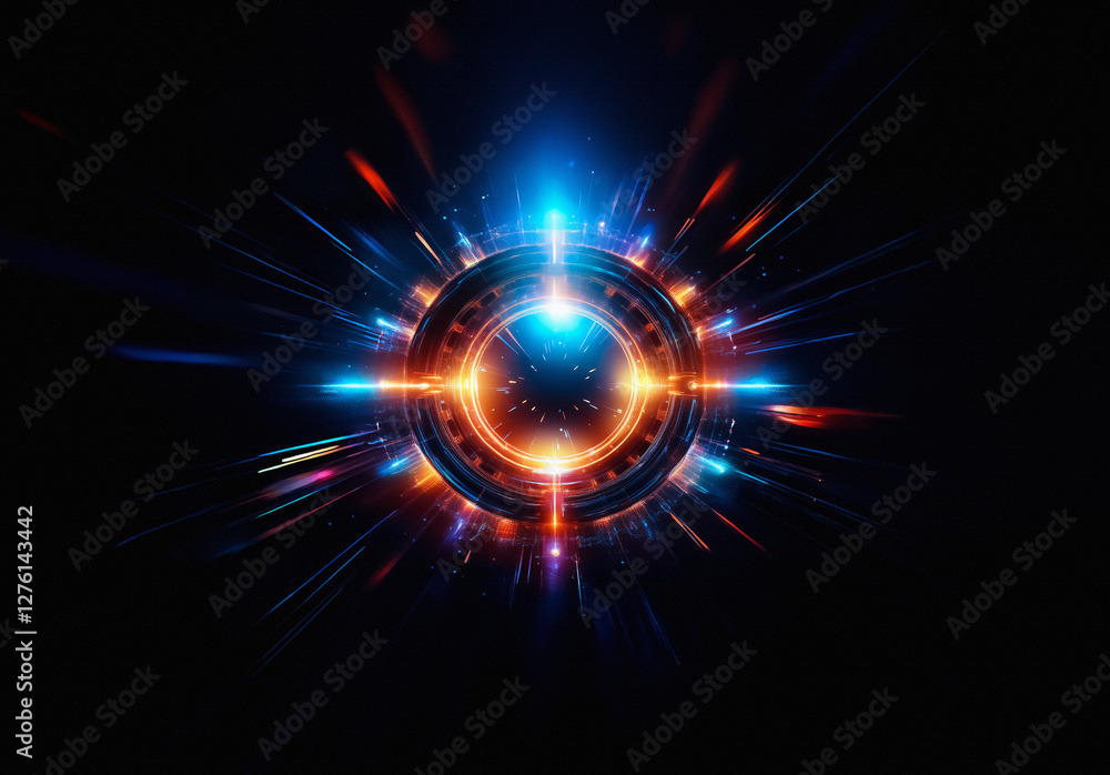 Poster circular burst of vibrant light emanating from a central point against a stark black backdrop. rays 