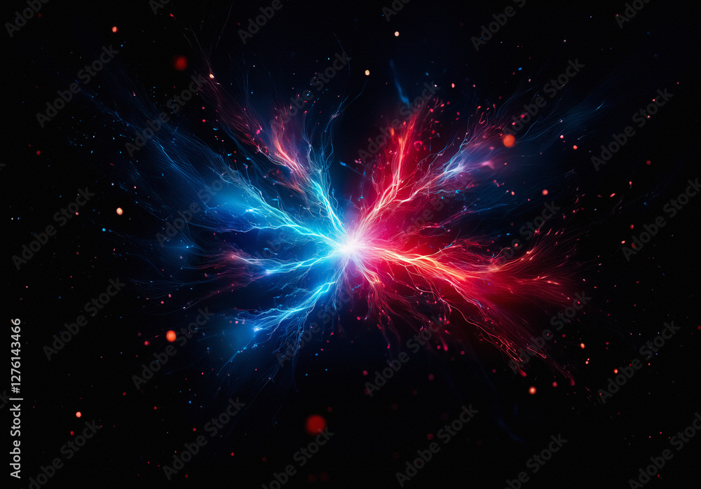 Poster An abstract explosion of energy with vibrant red and blue rays emanating from a central point against a stark black backdrop, resembling a cosmic event.