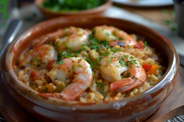 Rustic shrimp paella in clay pot on wooden table. AI image