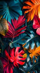 vibrant tropical leaves background, top down