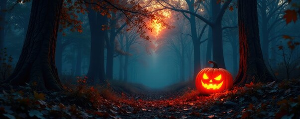 Dark autumnal forest with a glowing pumpkin and eerie trees, autumn, nature, trees