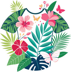 Fresh botanical t-shirt design with tropical leaves, hibiscus flowers, and butterfly in artistic watercolor style