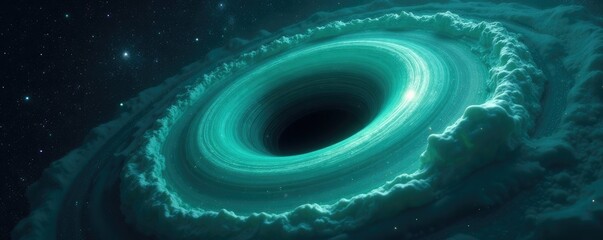 Dark blue black hole space background with green swirling accretion disk, galaxy, space
