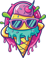Fun cartoon-style t-shirt design with melting ice cream cone and sunglasses in bright neon colors