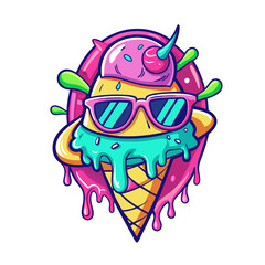 Fun cartoon-style t-shirt design with melting ice cream cone and sunglasses in bright neon colors