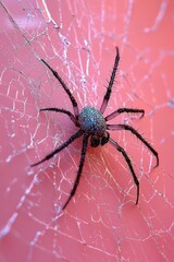 Obraz premium Spider weaving a delicate web against a vibrant pink background in a natural setting