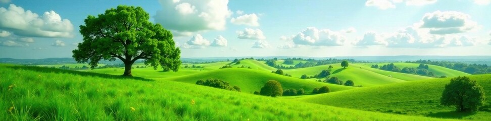 Obraz premium Rolling hills, vibrant green pasture, ancient tree, plant, outdoor, tranquil