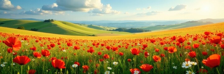 Rolling hills, poppy field ablaze with wildflowers, gentle breeze , botany, tranquil