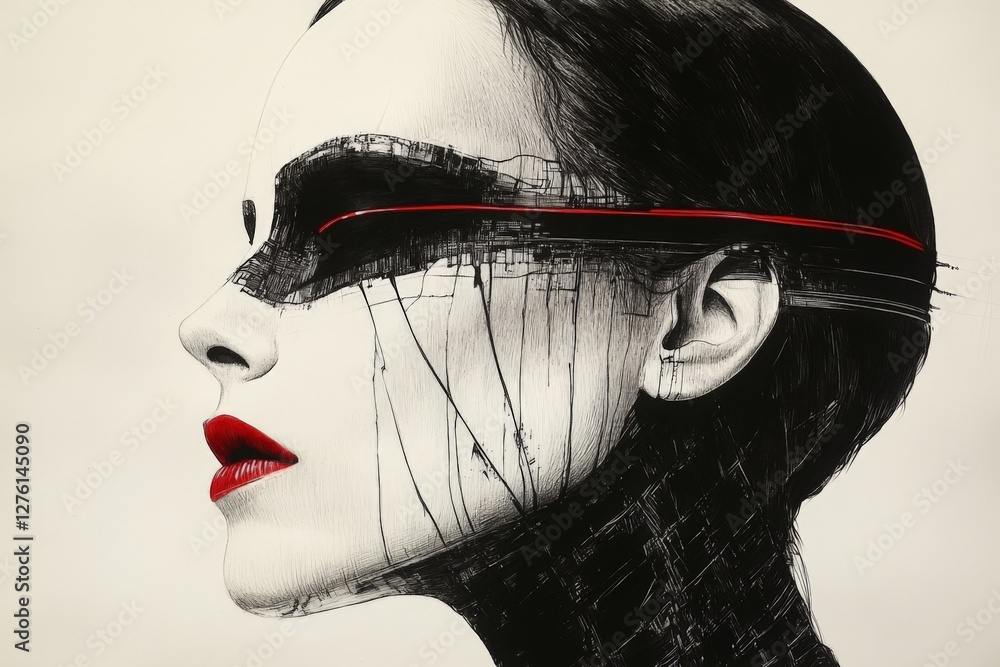 Poster artistic portrait of a woman with striking features and futuristic elements in a surreal style