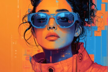 Digital portrait of a woman with stylish sunglasses against a vibrant abstract background