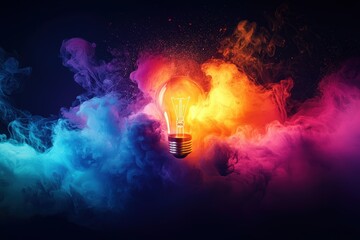 Vibrant light bulb surrounded by colorful smoke