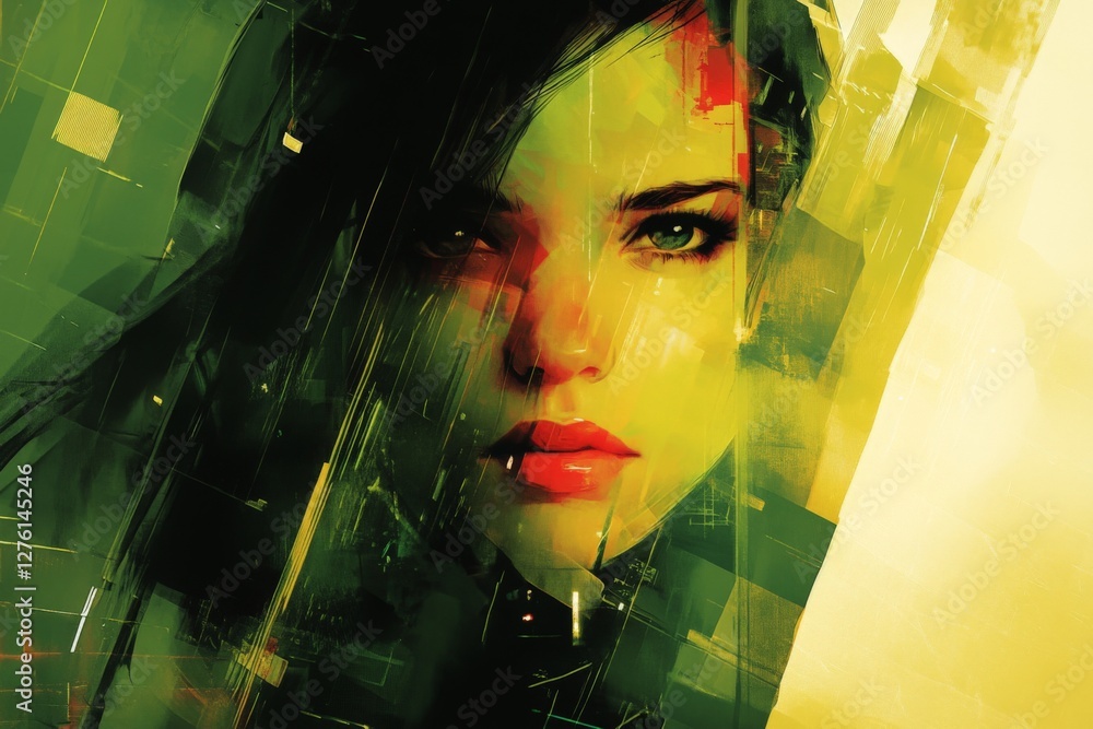 Aufkleber modern digital portrait of a woman in vibrant green tones with abstract elements and sharp light con
