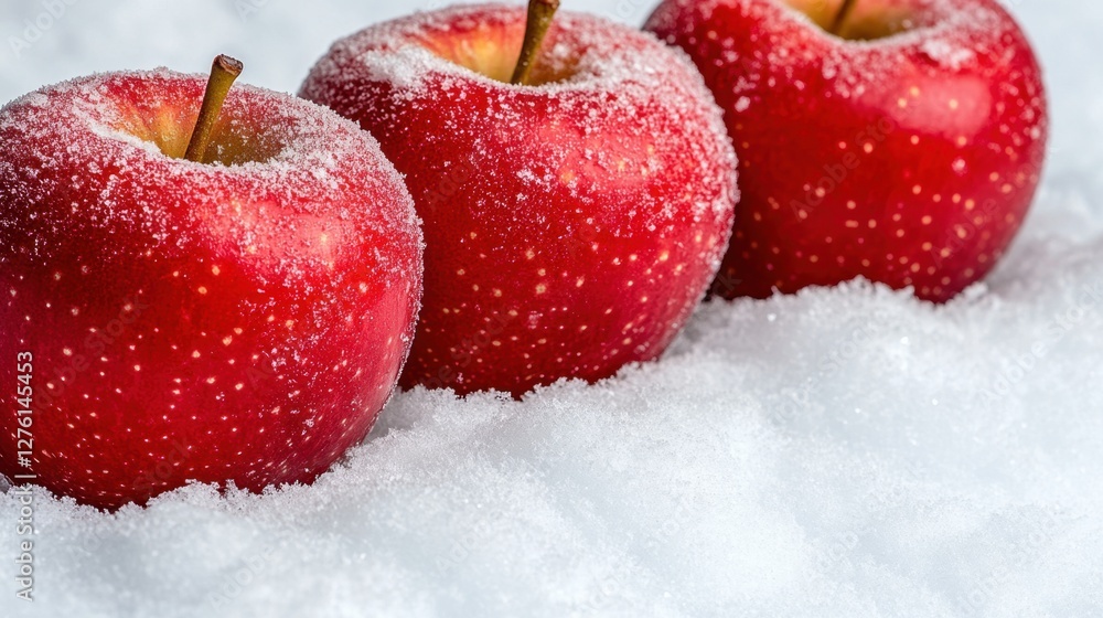 Poster three red apples dusted with frost sit in a row on a bed of fresh snow. close up view with selective