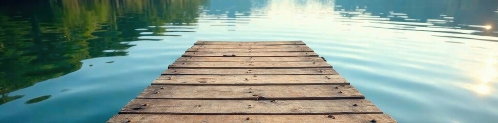 Fototapeta premium Rustic wooden dock extends over calm lake water , reflection, aged, calm