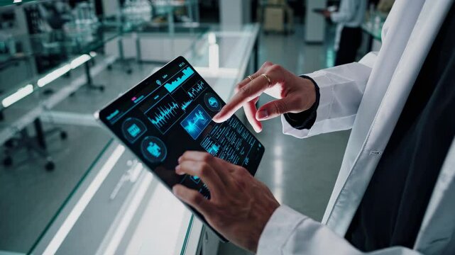 Scientist using tablet to analyze data in futuristic lab
