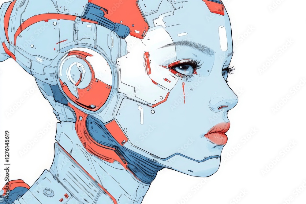 Poster futuristic humanoid robot with intricate designs and vivid colors and a focus on facial features and